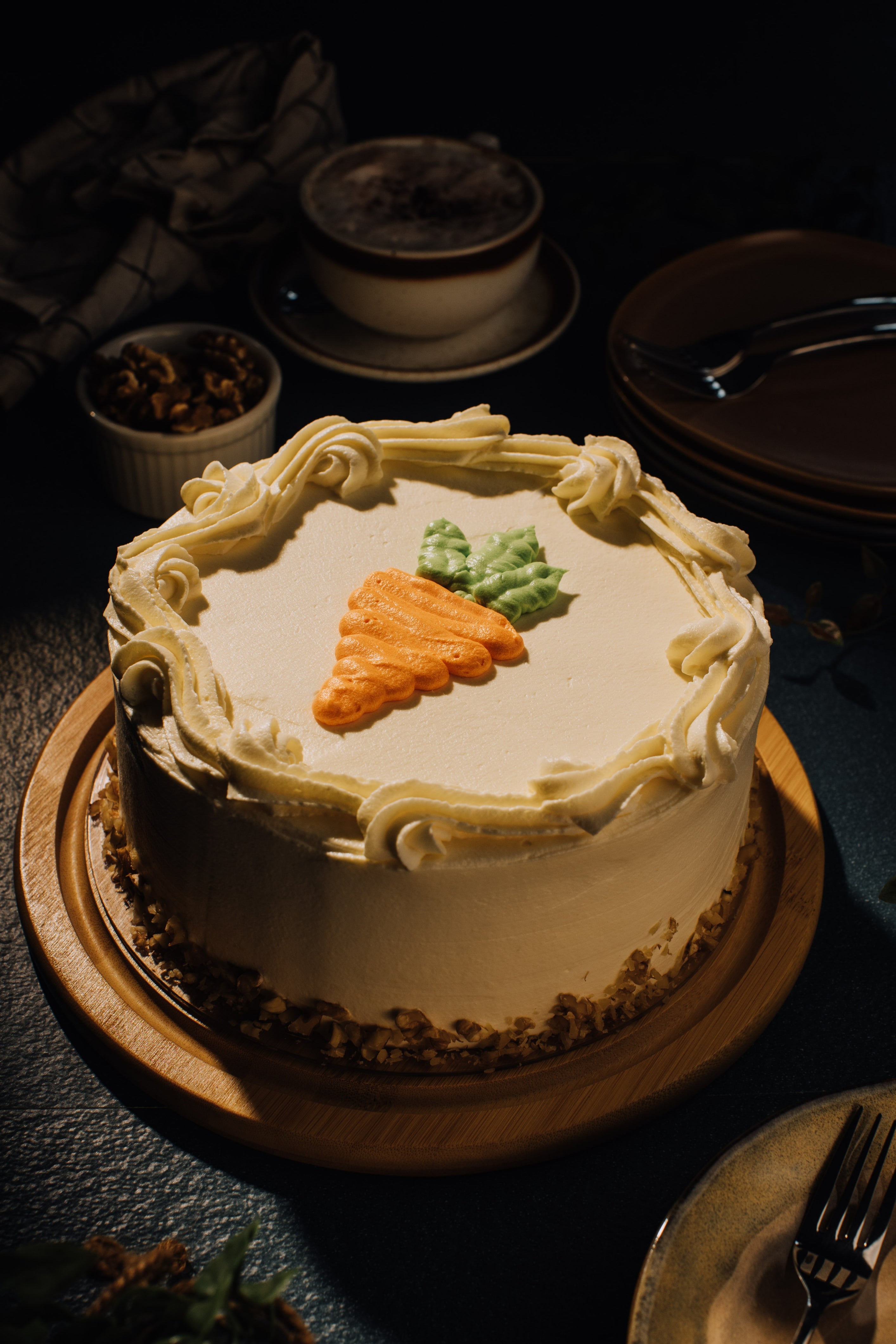 Premium Photo | Piece of carrot cake with walnuts and blueberry on dark  wood background. local food. traditional american cake. cake for  thanksgiving day. christmas cake.